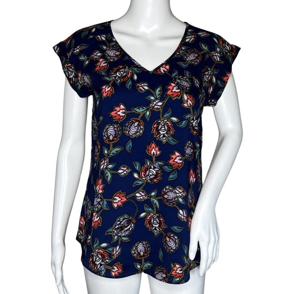 Express Shirt Women XS Navy Blue Multicolored Floral Office Casual Versatile